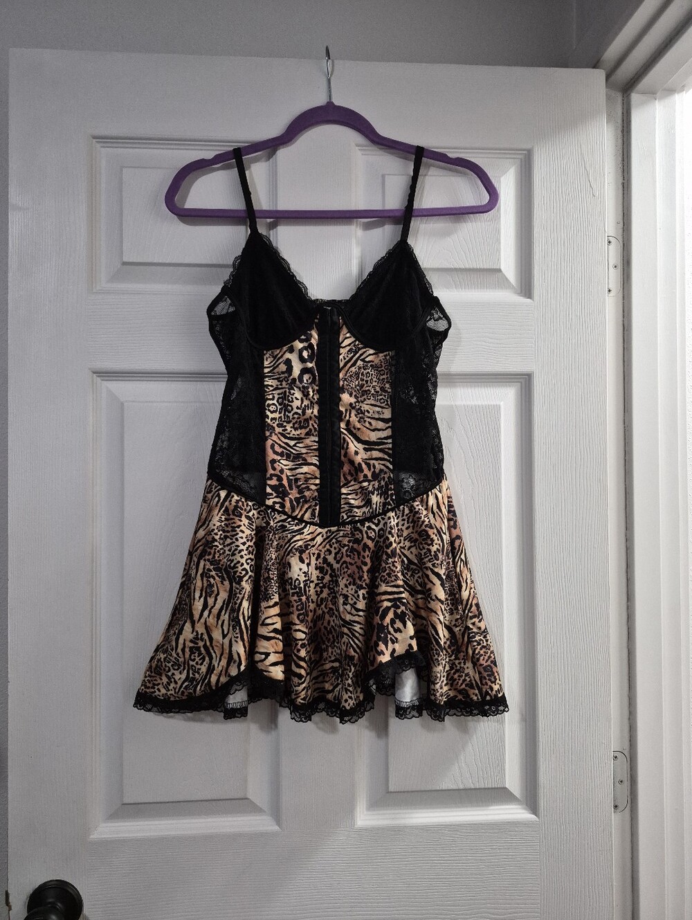 Lace-Trim Animal Print Slip Dress - Black and Tan Medium